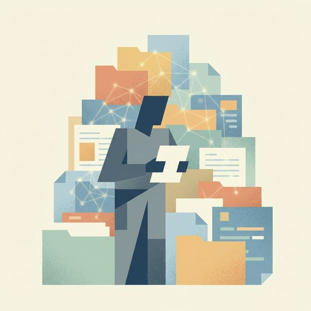 Body Image 1: Abstract silhouette of a digital intern standing before a massive, messy mountain of documents representing the internet. The intern is holding a single sheet of paper. Minimalist, geometric style.