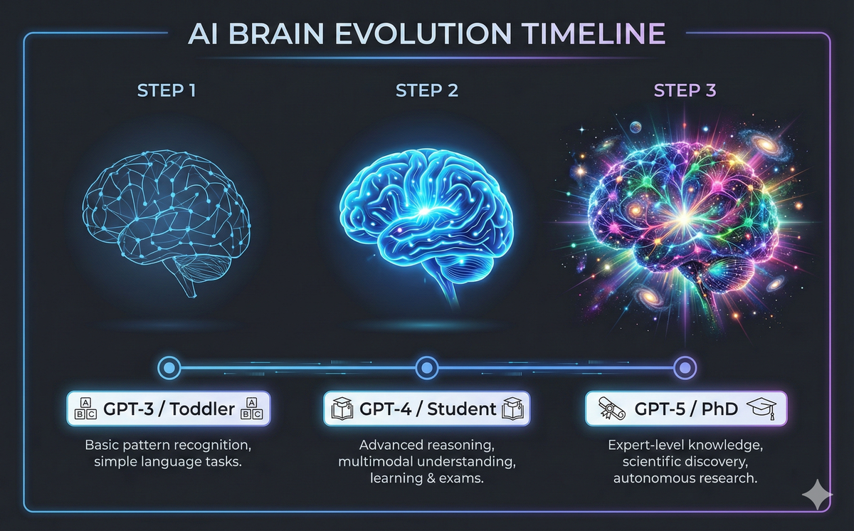 AI Versions Timeline (Toddler to PhD)